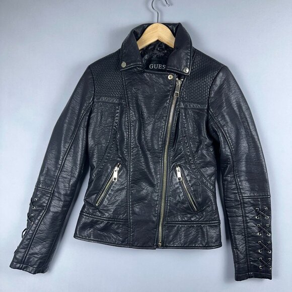GUESS Leather Moto Biker Jacket Womens Size X Small Lace Up Sleeves Black - Picture 1 of 15